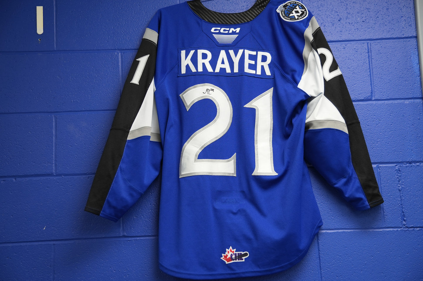 Game-Worn Jersey: #21 Krayer (Blue) 20th