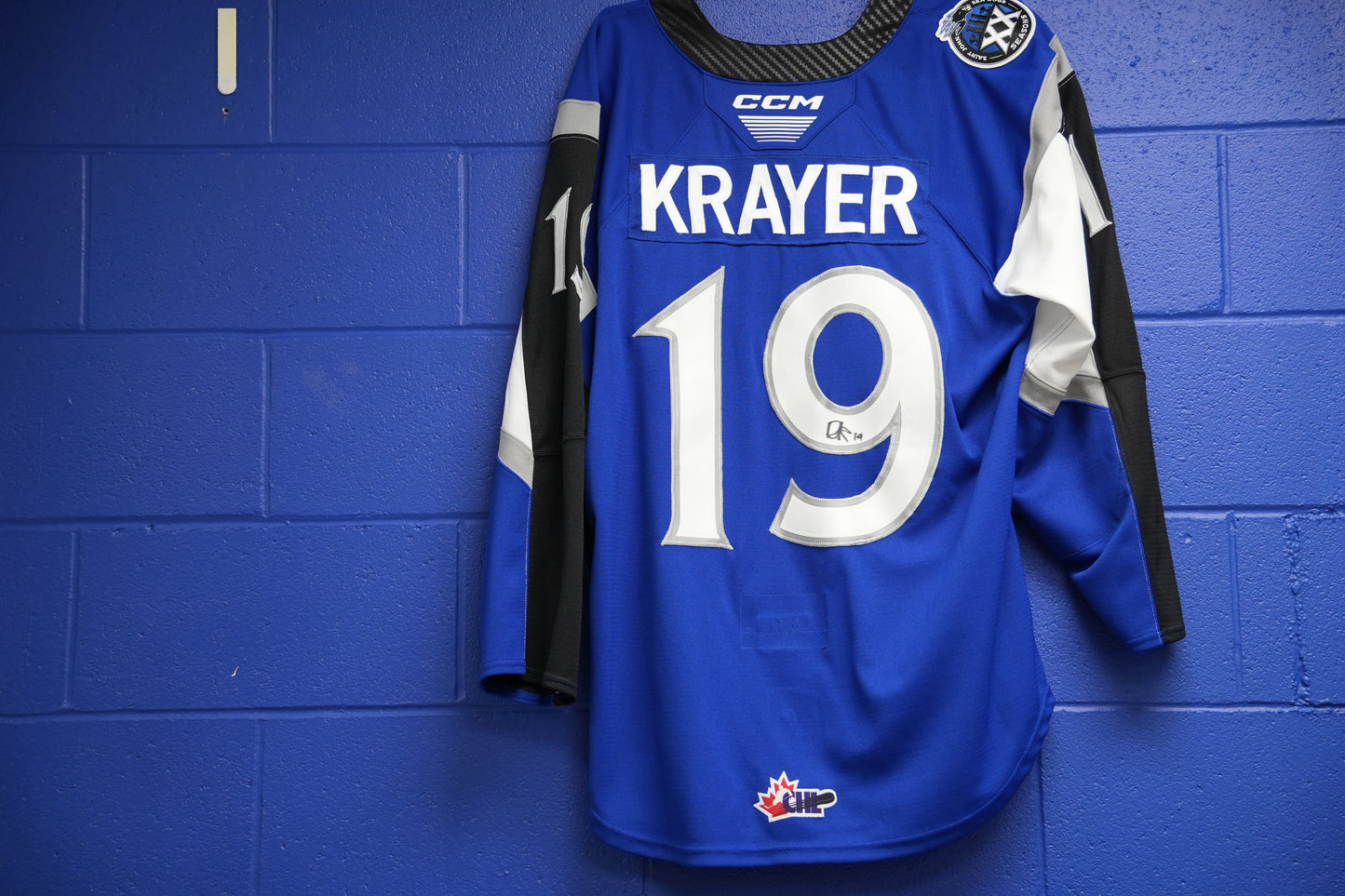 Game-Worn Jersey: #19 Krayer (Blue) 20th